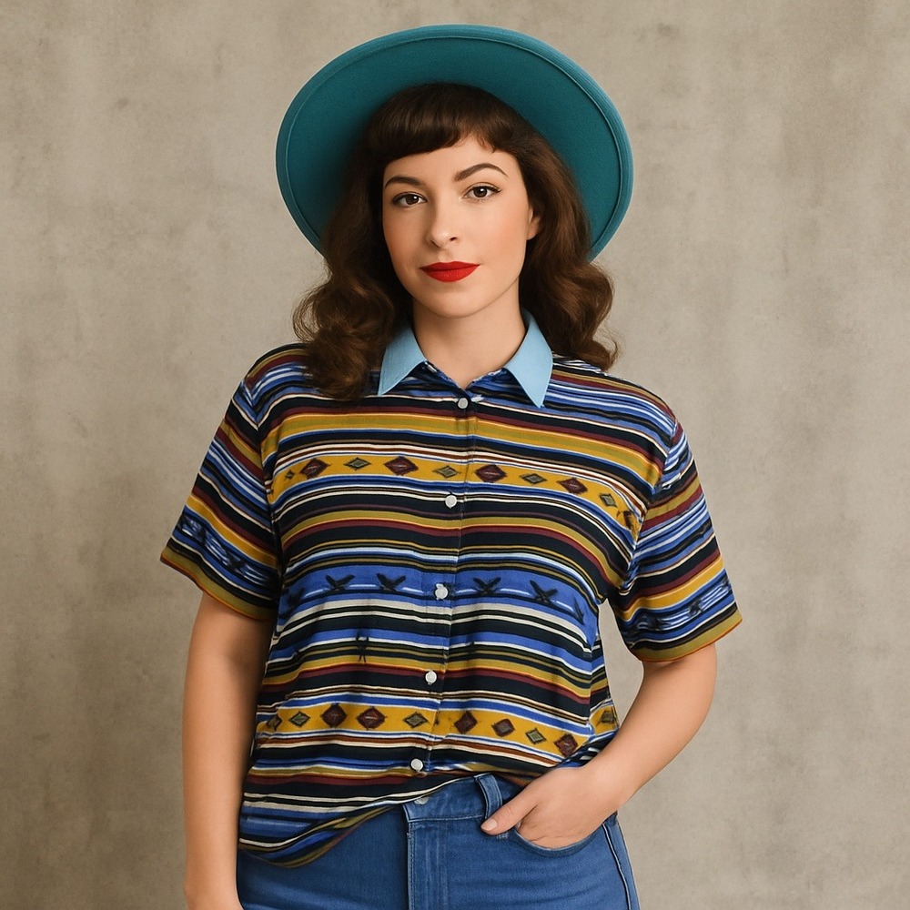 Vintage 90s New Look Striped Southwestern Shirt M Denim Collar Cotton